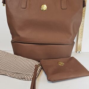 Joy Mangano Brown Leather Shoulder Bag Set, Wristlet, Shoe Pouch. Travel Bag